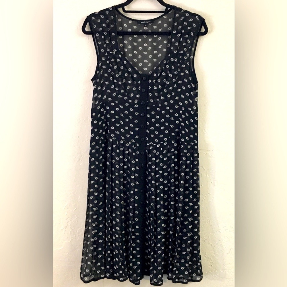 Nanette Lepore 100% Silk Sleeveless Flowy Midi Dress 10 Black Sheer Pleated